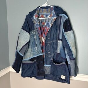 Vintage Solveia Patchwork Denim Jacket Southwestern Lined Oversized Chore Coat